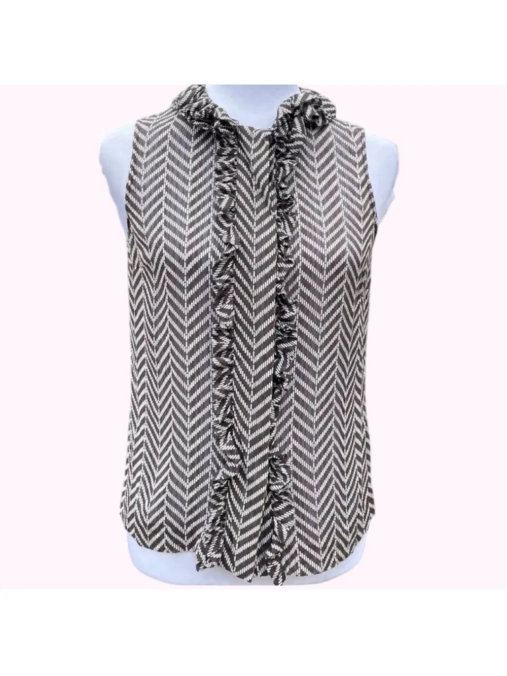 Tory Burch Brown & White Silk Blend Sheer Sleeveless Blouse 2
